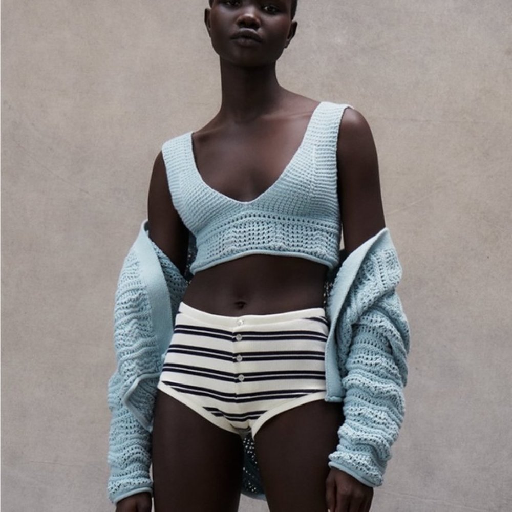 Zara Blue Crochet Bralette Knit Top Size Medium Cotton